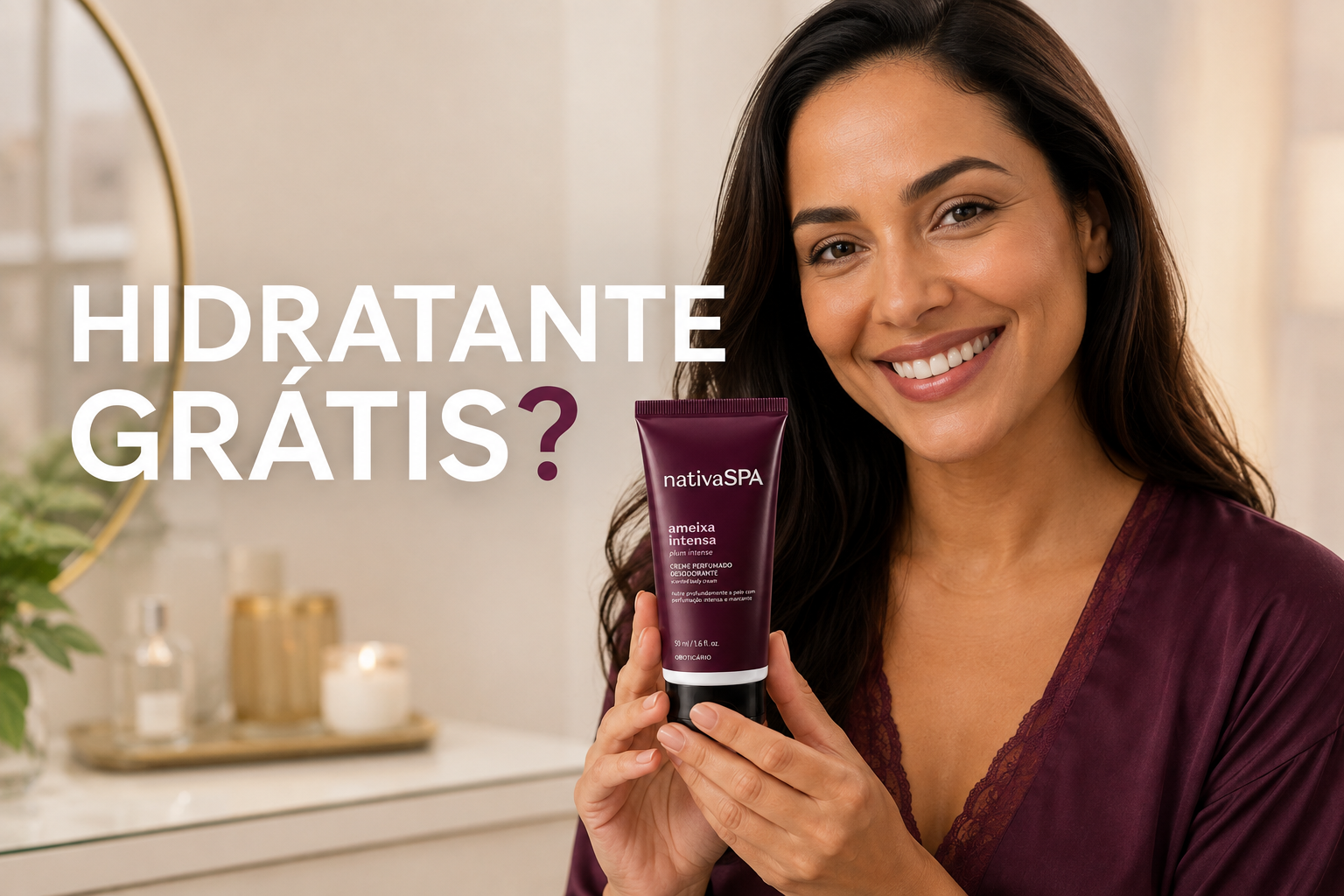 Mulher segurando o hidratante Nativa SPA grátis do O Boticário